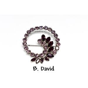 Vintage 1960s B David Purple Rhinestone Floral Brooch, Rhodium Plated